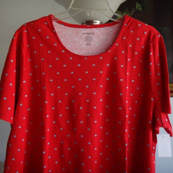 ASTROLOGIE Women's  Red Top w/White Circles-Stripes 100% Cotton NEW Size 2X - Picture 3 of 6